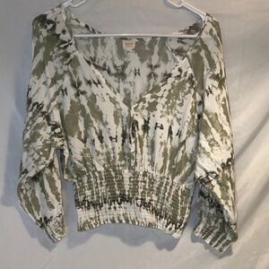 Surf Gypsy with smocked waist-Sage Olive and White Tie-Dye Blouse - size L